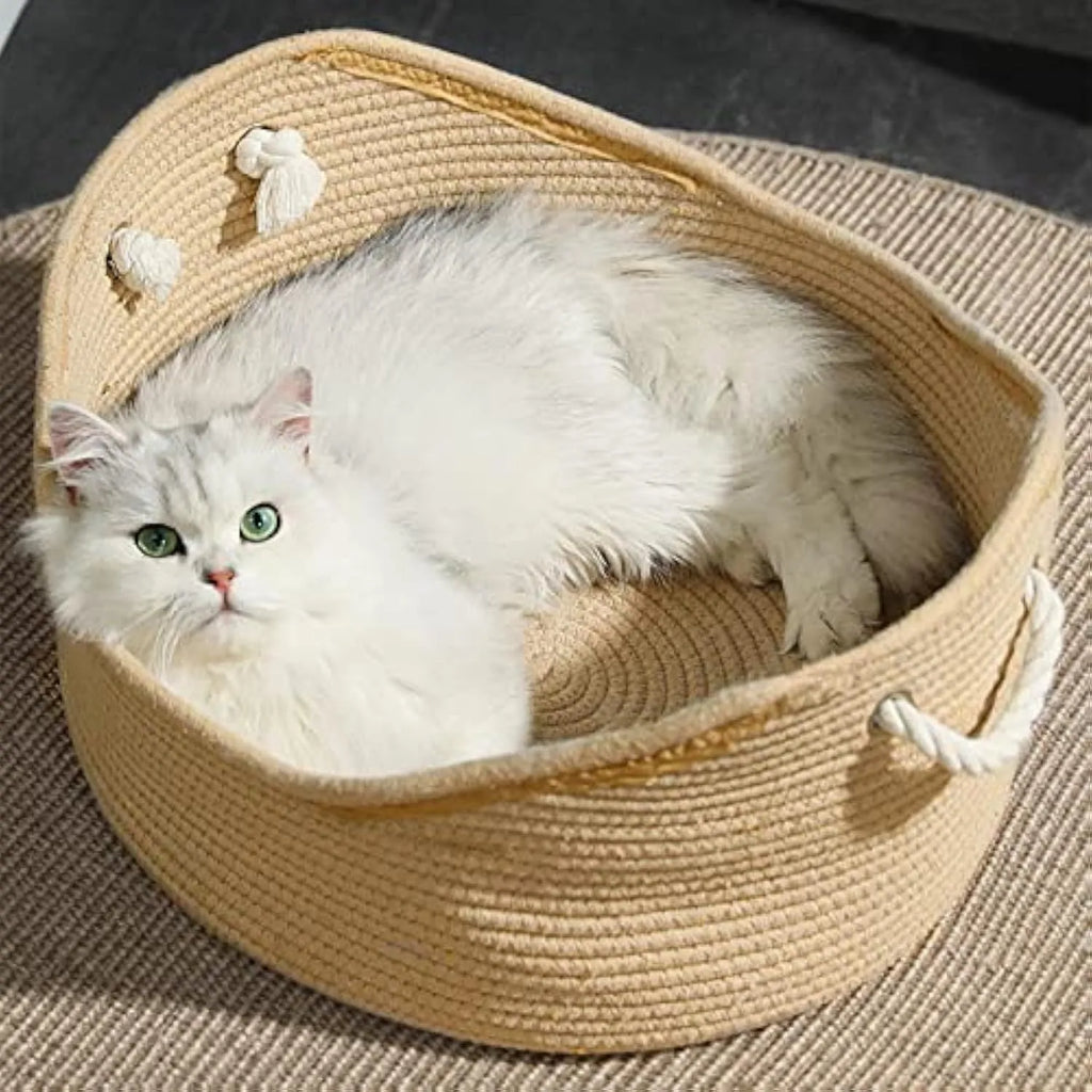 Wicker cat bed basket with integrated scratching board in two size options