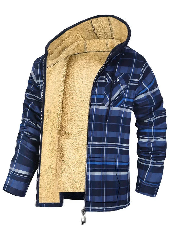Men's plaid print hooded zip-up winter jacket with thickened cotton padding