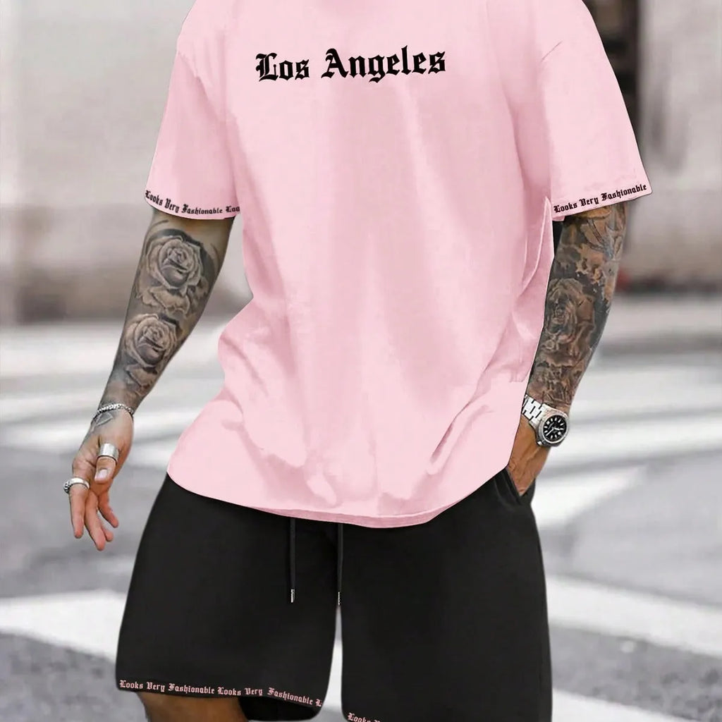Men's sports style short-sleeved suit set with matching shorts in polyester blend fabric