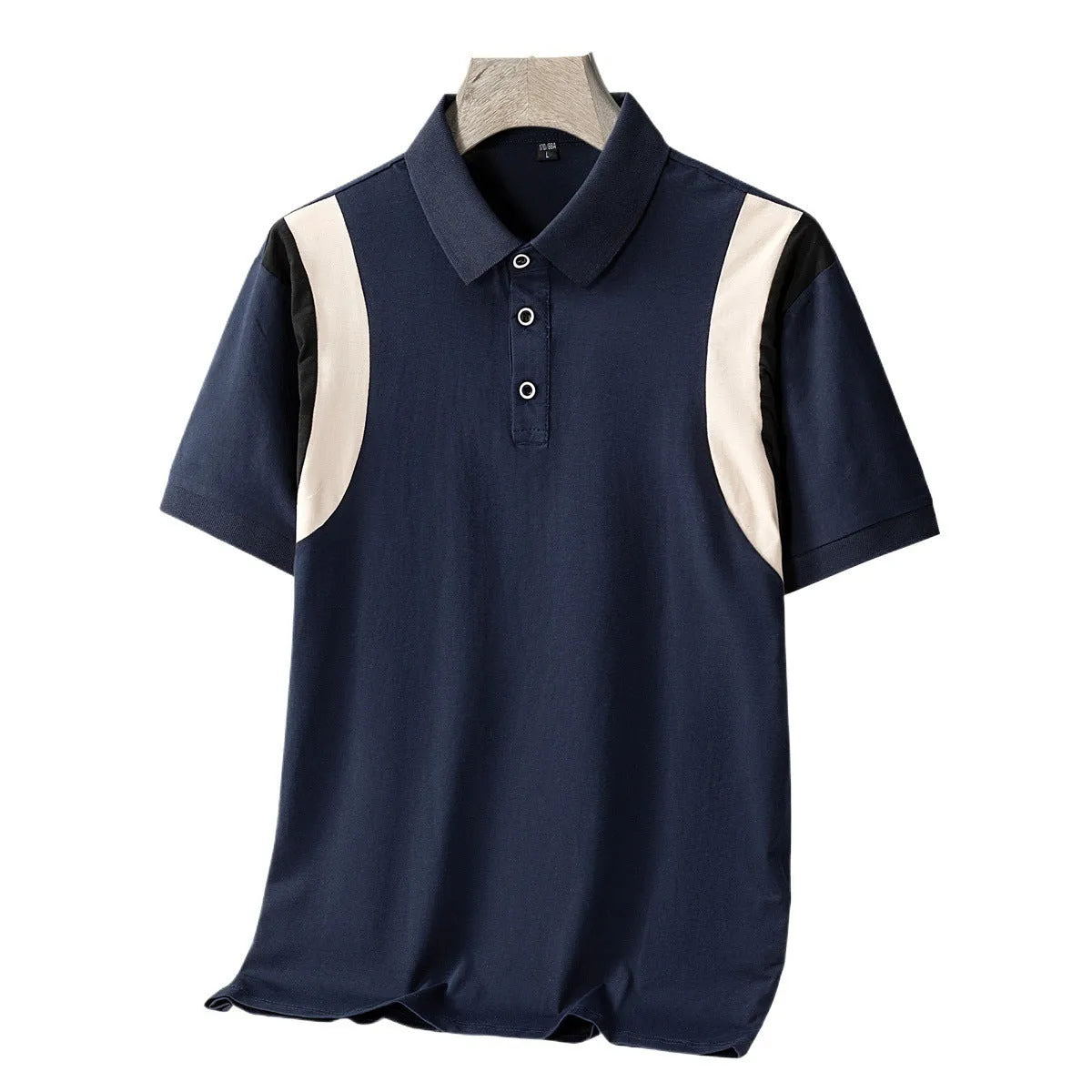 Men's grey striped cotton T-shirt with a lapel, showing loose Korean-style fit and short sleeves.