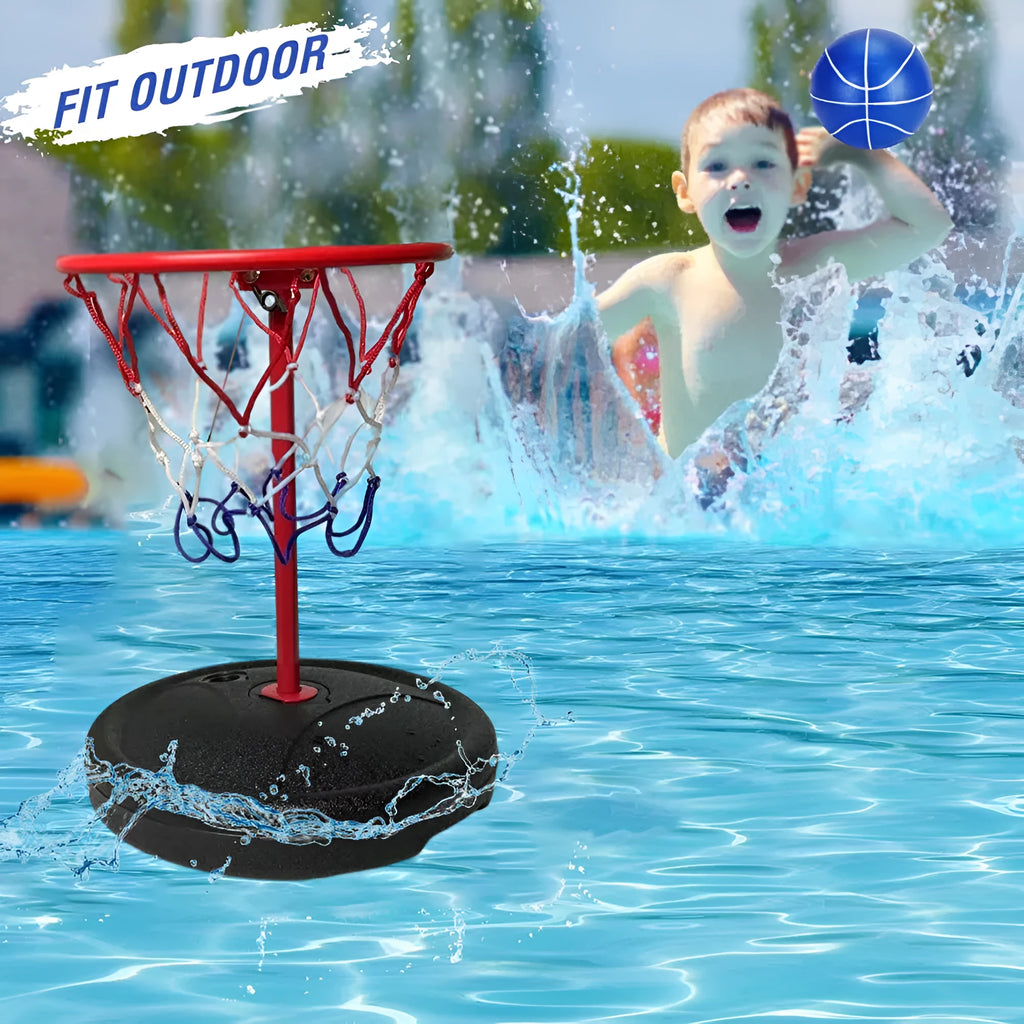 Floating plastic water basketball hoop with 23x17.5cm backboard and 61cm pole in a swimming pool