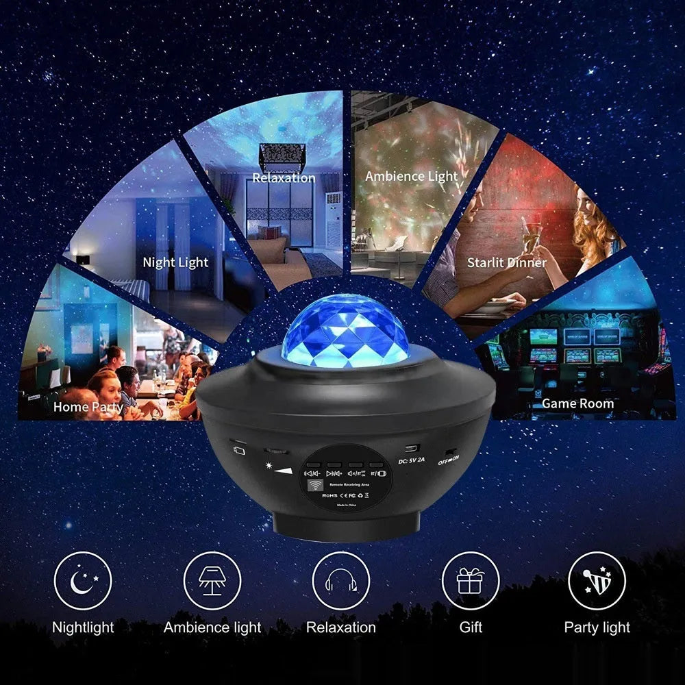 Black Bluetooth starry sky projection lamp with rotating water ripple laser effects on desktop