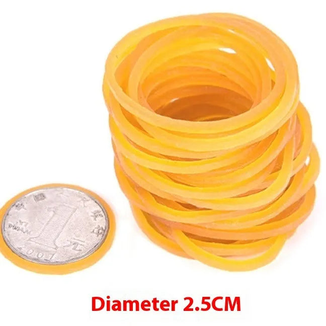 500g pack of assorted yellow rubber bands in sizes from 25mm to 70mm diameter.