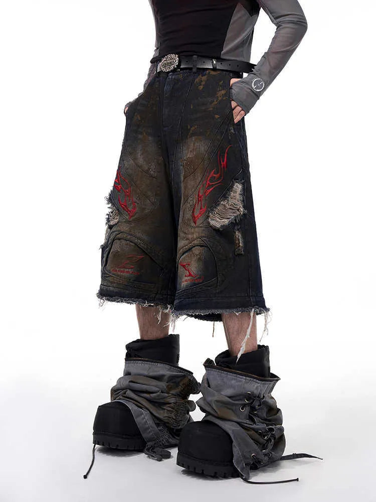 Men's retro jeans with detachable trouser legs showing wide leg styling