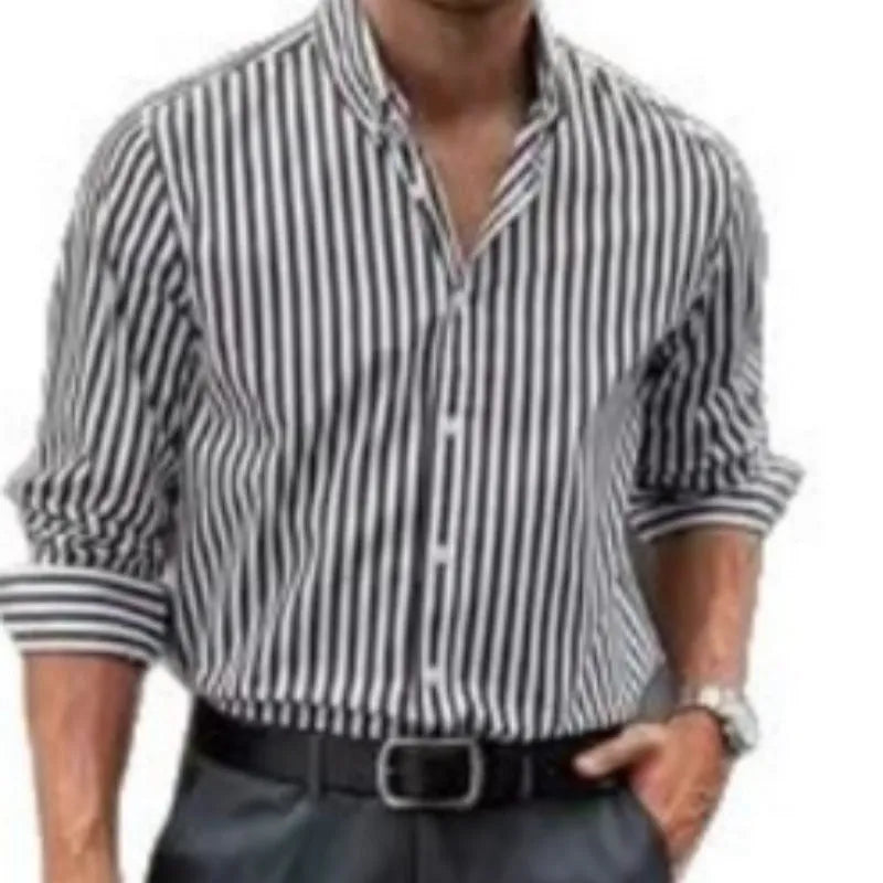 Men's loose fit striped casual button shirt in polyester fabric with cardigan style