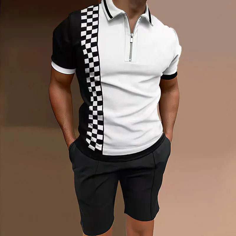 Men's printed polyester two-piece set comprising short sleeve top and matching shorts in casual colours