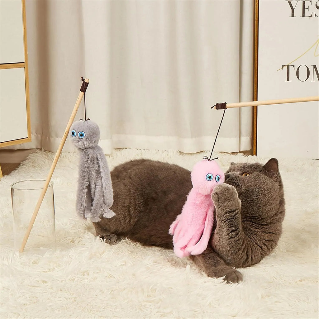 Furry octopus cat toy with eyes on a 40cm flexible stick in grey, pink, purple or red colours