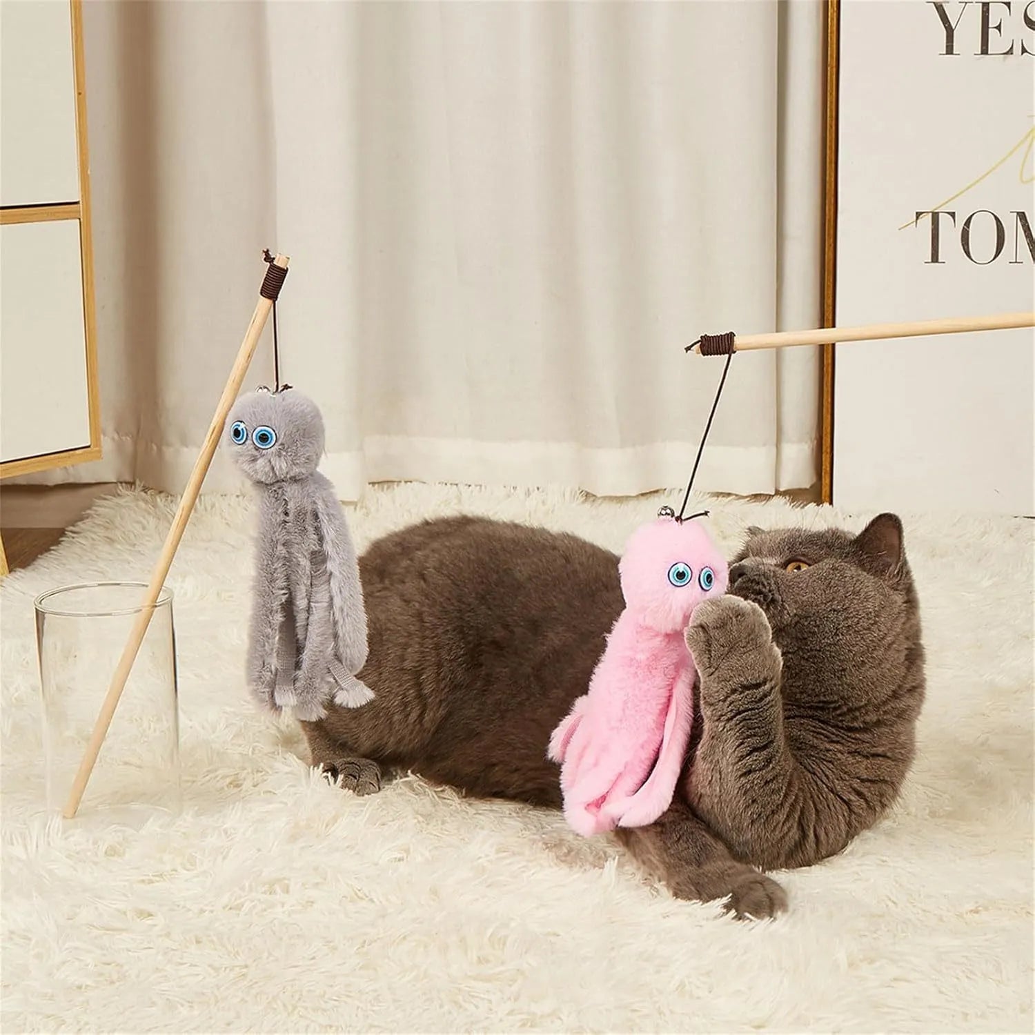 Furry octopus cat toy with eyes on a 40cm flexible stick in grey, pink, purple or red colours