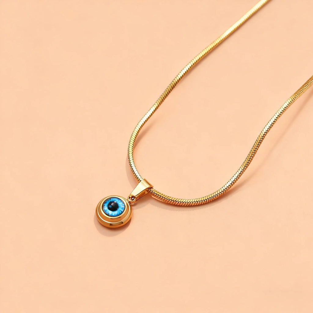 Angel Eyes titanium steel necklace with gold plating and coloured glaze eye pendant on snake bones chain