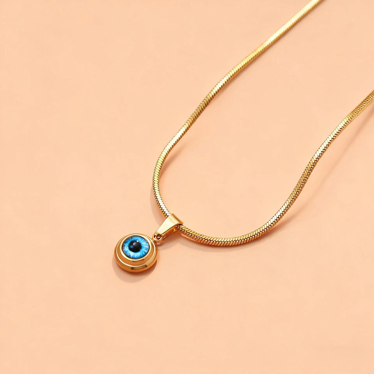 Angel Eyes titanium steel necklace with gold plating and coloured glaze eye pendant on snake bones chain