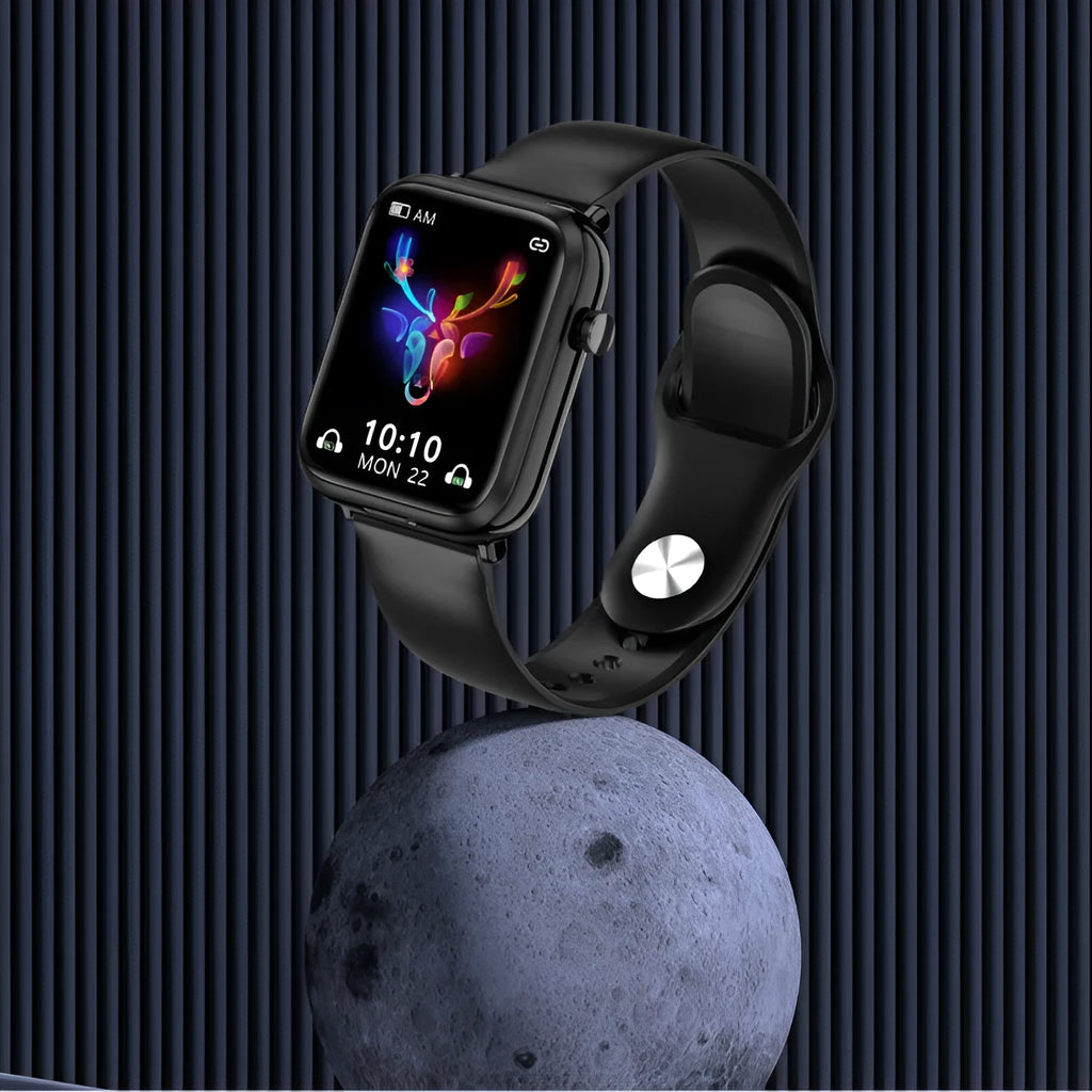 Black zinc alloy smartwatch with 1.69-inch touch screen and integrated wireless Bluetooth earpieces in charging case.