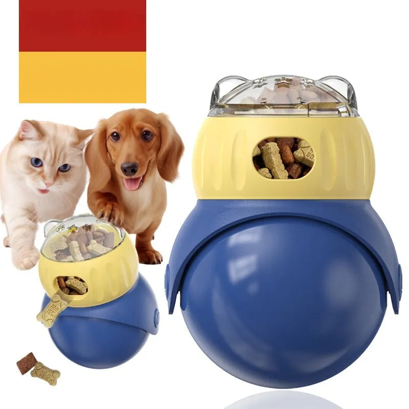 Yellow and blue plastic owl-shaped tumbler puzzle feeder for cats on a plain background.