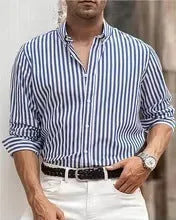 Men's loose fit striped casual button shirt in polyester fabric with cardigan style
