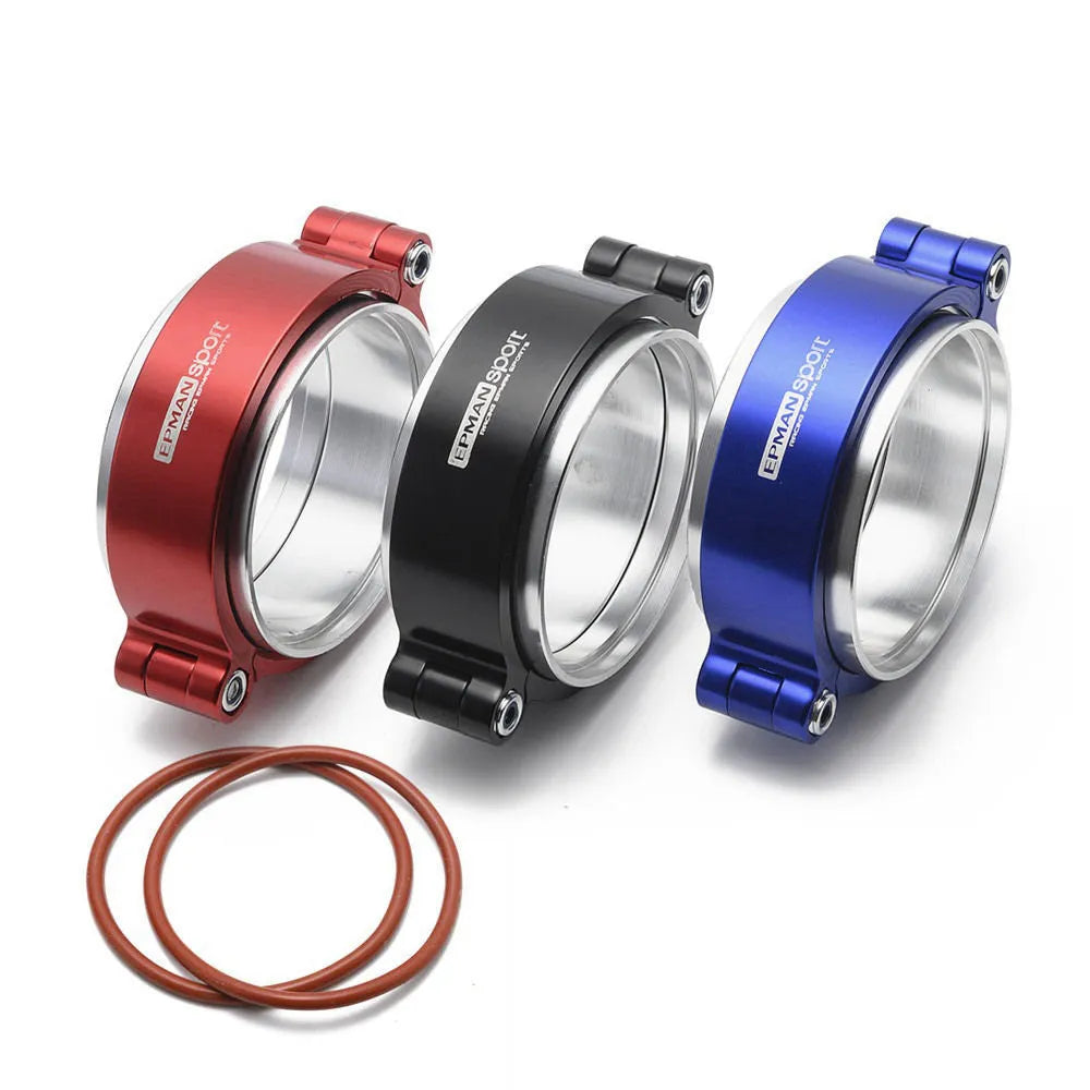 Aluminium fixed movement clamp for car turbo exhaust systems in black, blue, or red.