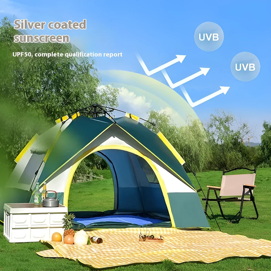 Dark green silver glue automatic quick-open camping tent for 3-4 people, shown erected outdoors.