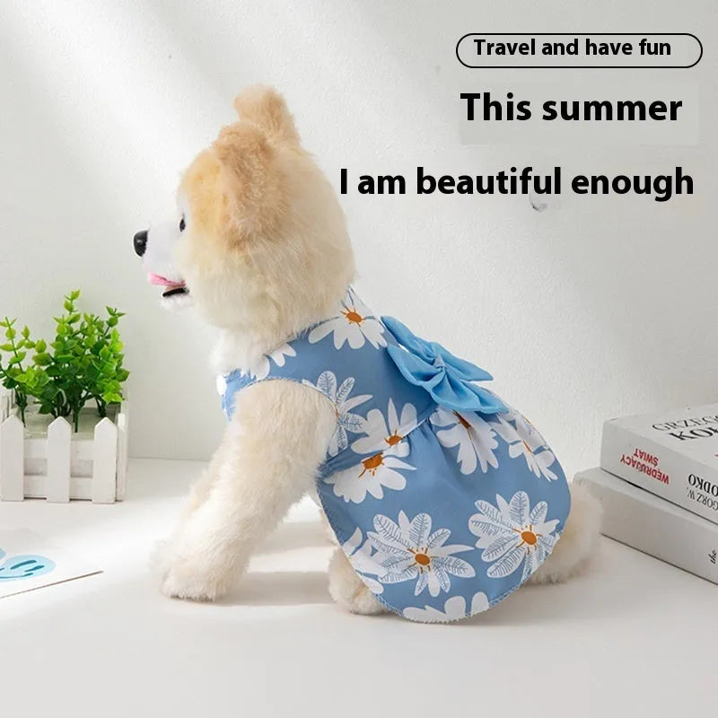 Ultra-thin floral butterfly knot princess dress for pets in summer, shown with colour bow options.