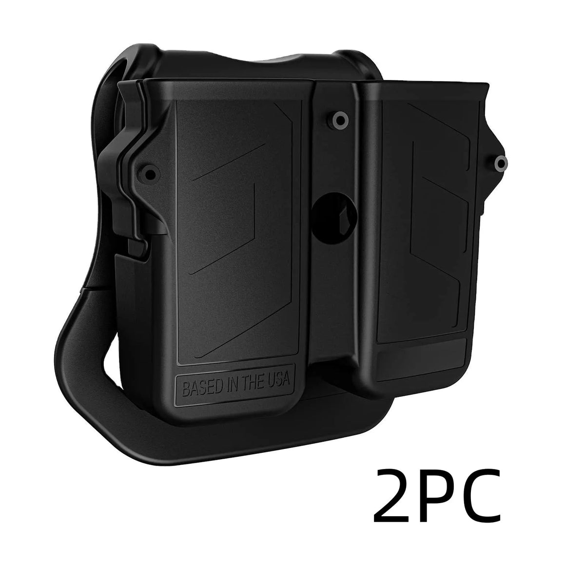 Black nylon magazine holder with a magazine inserted, set on a desk surface