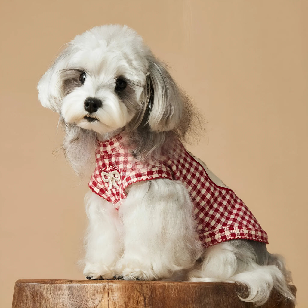 Red plaid sleeveless cotton spandex vest for small dogs on white background
