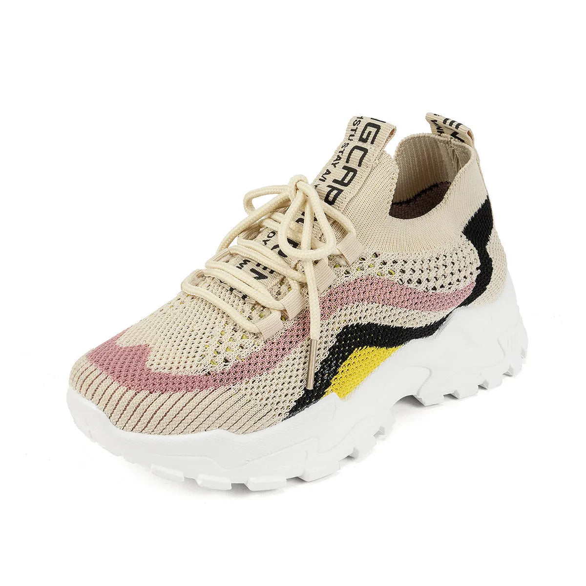 Women's black and white mesh casual sports shoes with a PVC sole and lace-up front.