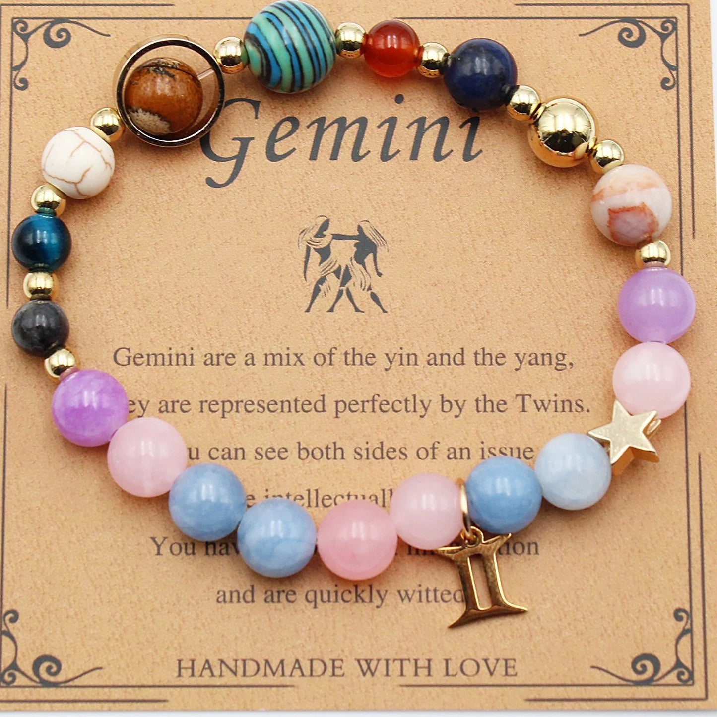 Morgan Stone beaded bracelet with twelve constellation designs, showcasing personalised zodiac signs.