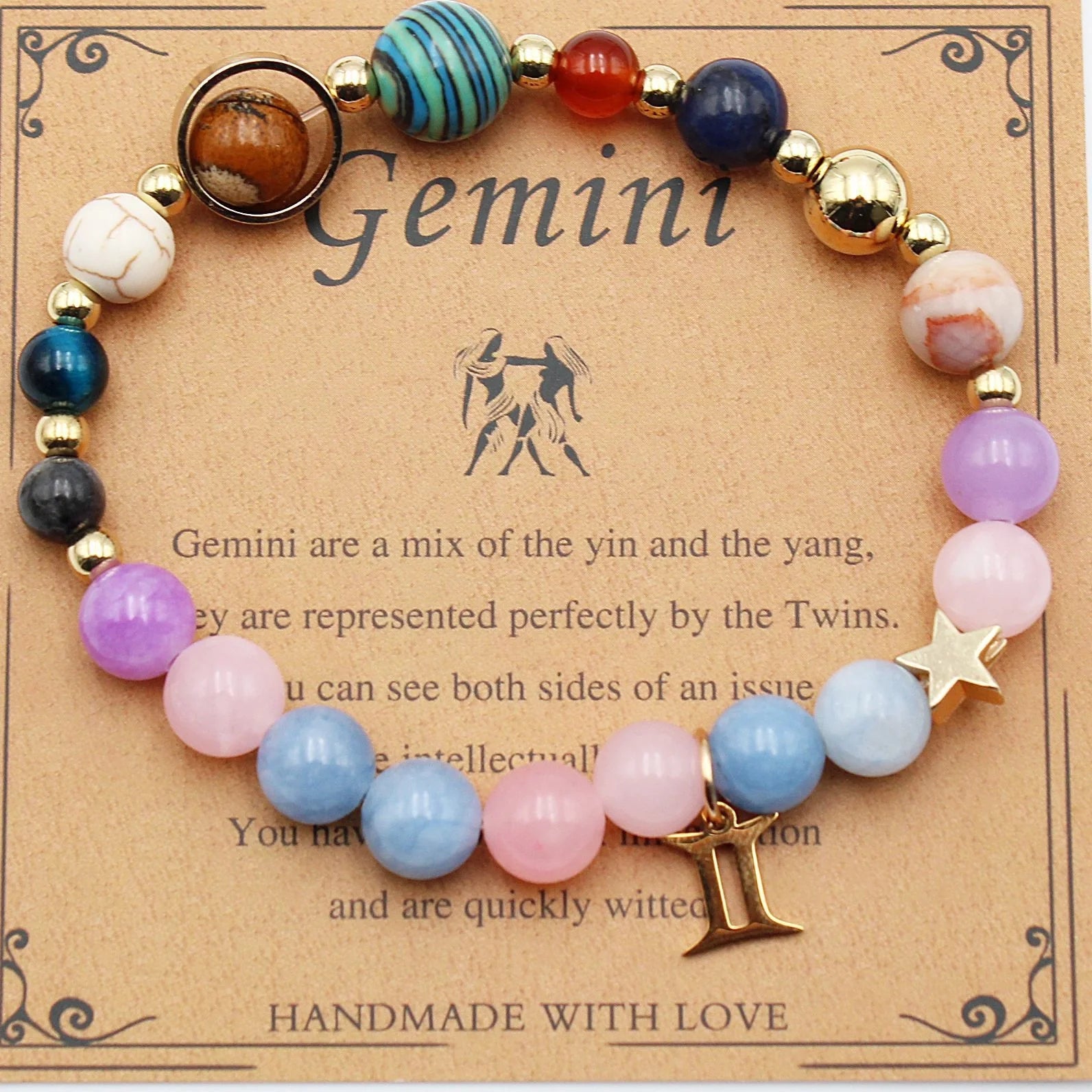 Morgan Stone beaded bracelet with twelve constellation designs, showcasing personalised zodiac signs.