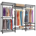Black metal clothing storage rack measuring 175cm high with hangers and trousers organised