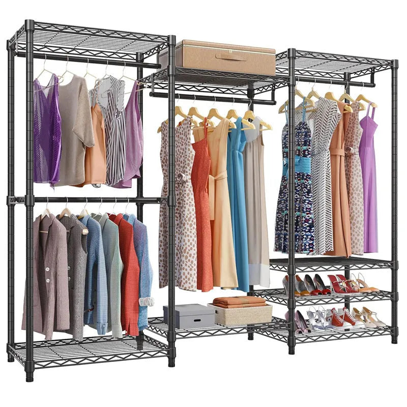 Black metal clothing storage rack measuring 175cm high with hangers and trousers organised
