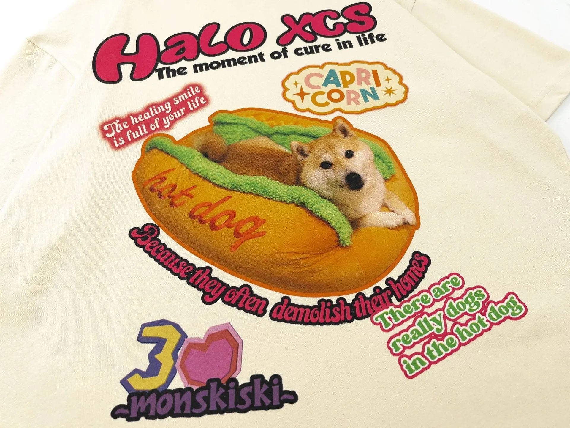 Cartoon hamburger dog printed cotton t-shirt for couples in loose fit with short sleeves