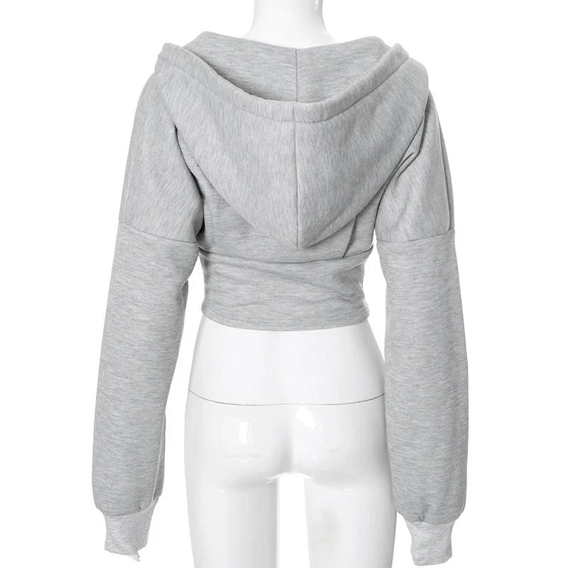 Y2K inspired women's zipper hoodie cardigan in grey and white with long sleeves