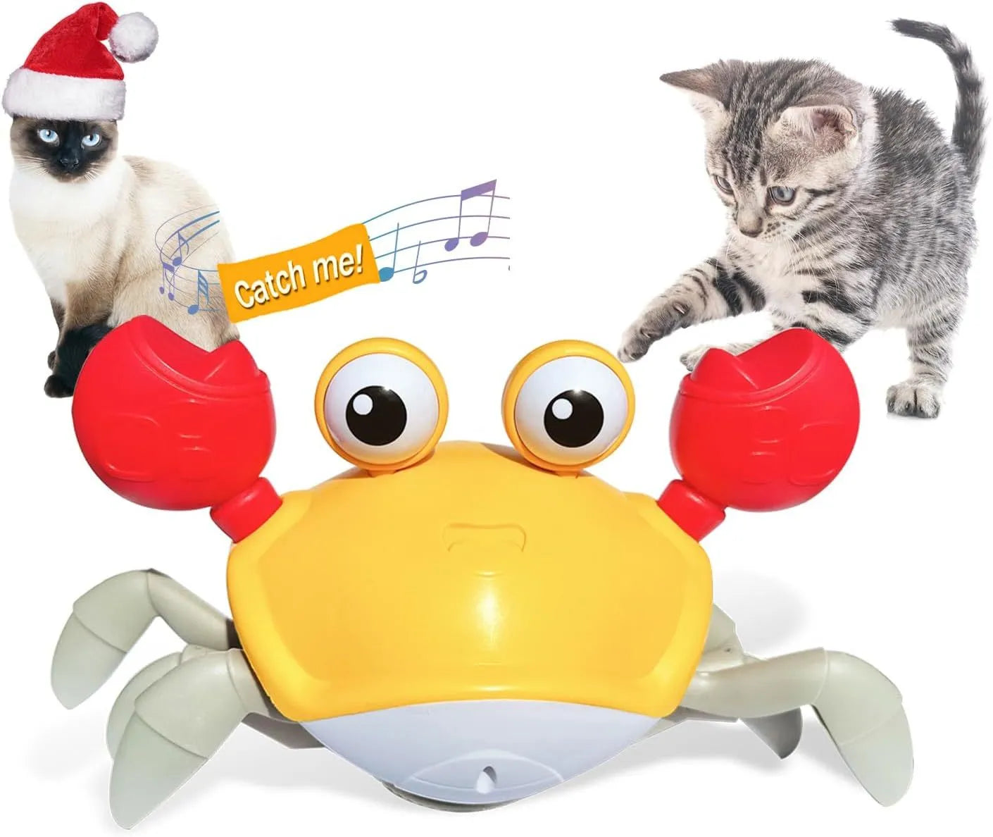 Blue or red electronic crab toy for dogs and cats with lights, shown on a surface.