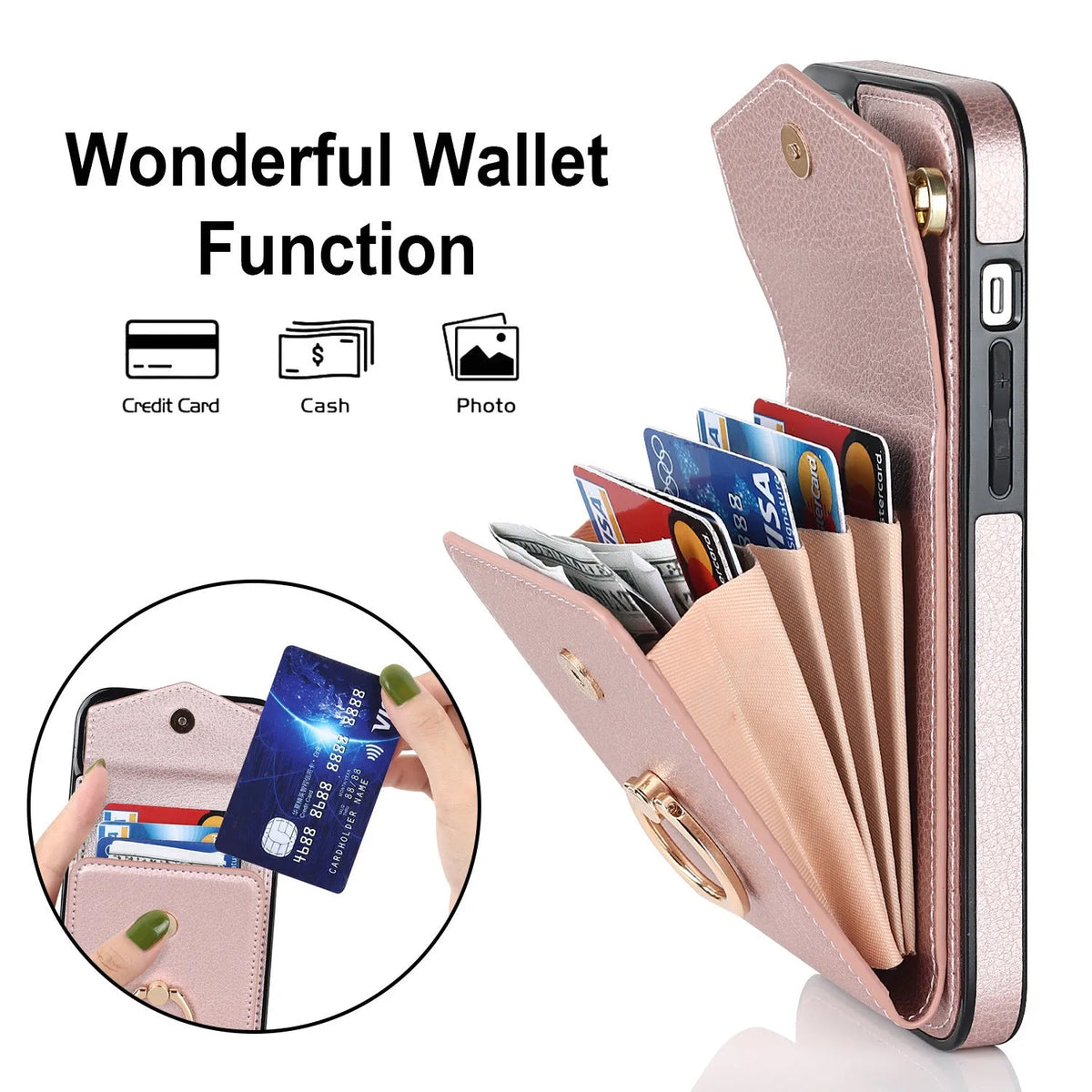 PU leather phone case with card slot and bracket for iPhone 15 16 series, rose gold finish on black background
