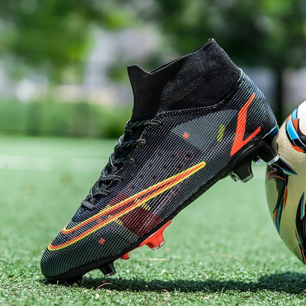 Men's high top AG spike football boots on artificial turf with non-slip rubber sole, black colour