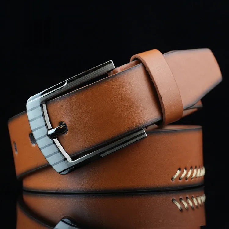 Men's retro pattern imitation leather belt with alloy pin buckle in black, brown, or white colours