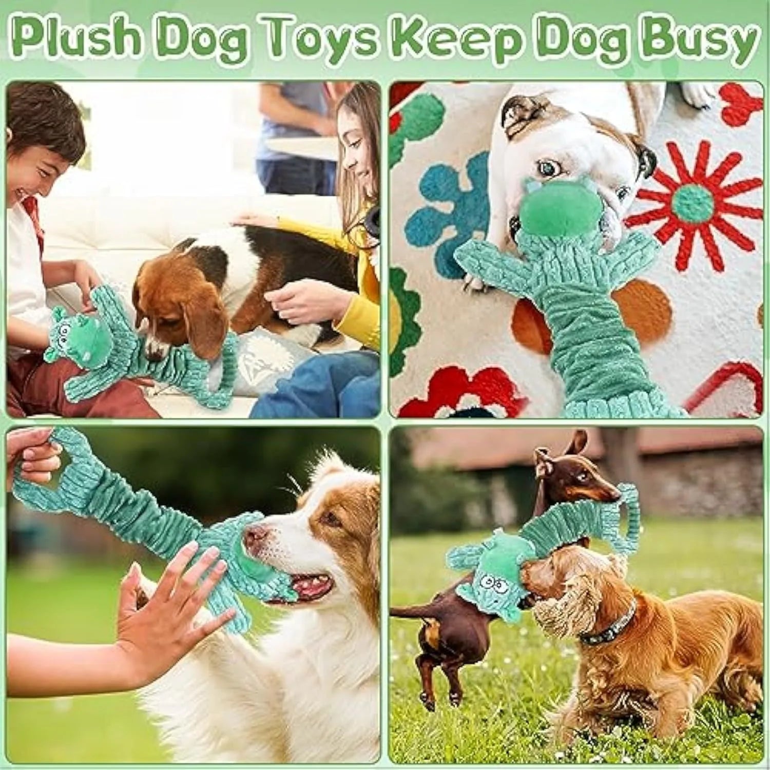Large soft plush dog toy with bright colours and a handle, showing its size for scale.