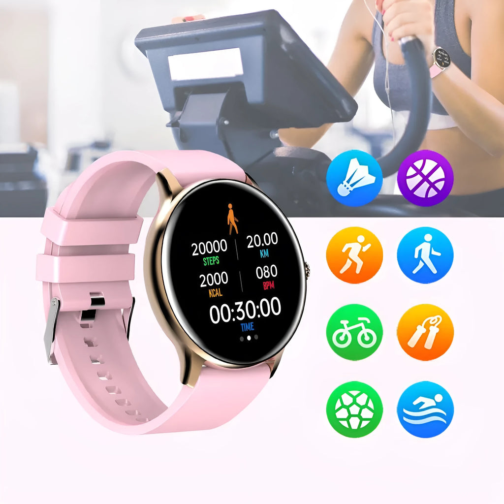 Bluetooth smartwatch with blood pressure monitoring on wrist showing 1.28-inch display
