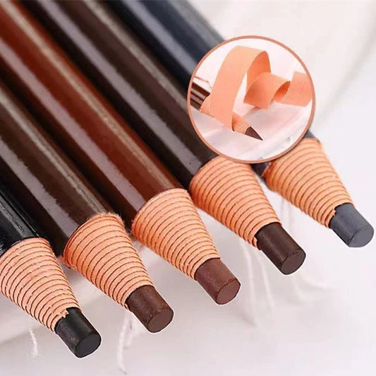 Brown microblading eyebrow pen with 0.1mm tip showing hair-like strokes on skin, 14.5cm length with protective cap