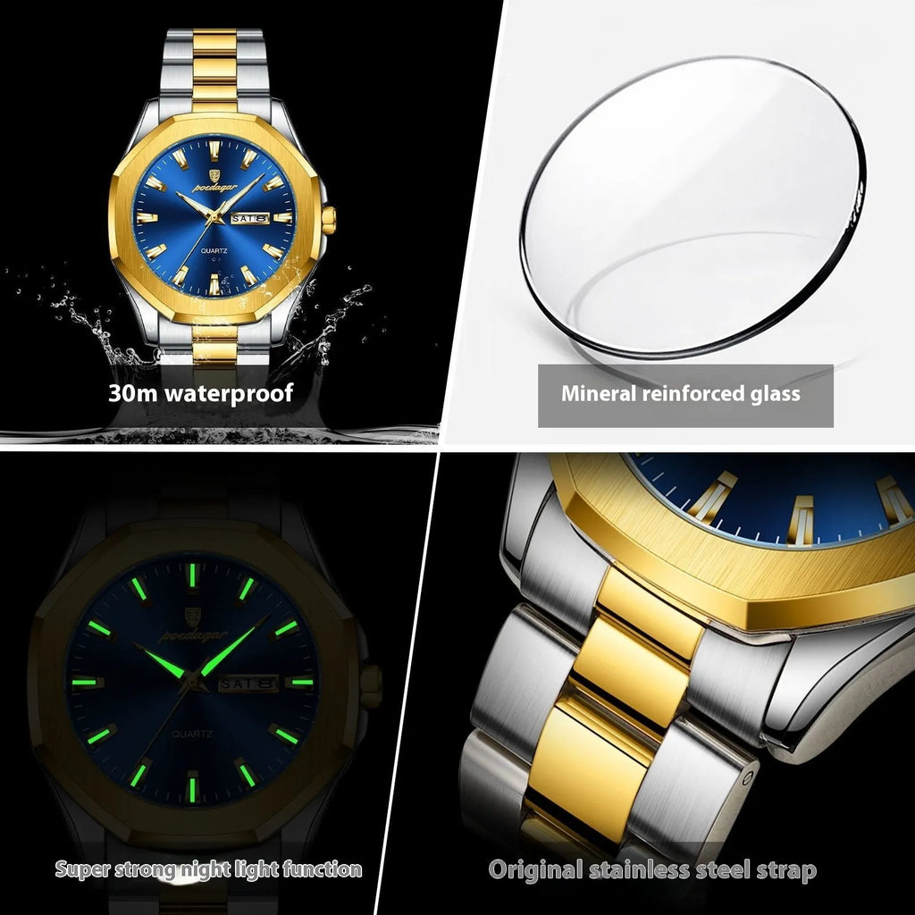 Men's slim stainless steel business quartz watch in gold and silver colour options on wrist.
