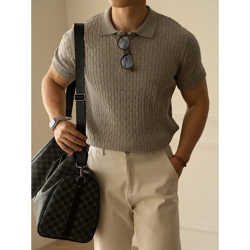 Men's khaki short sleeve business top laid flat, showing collar and sleeve detail.