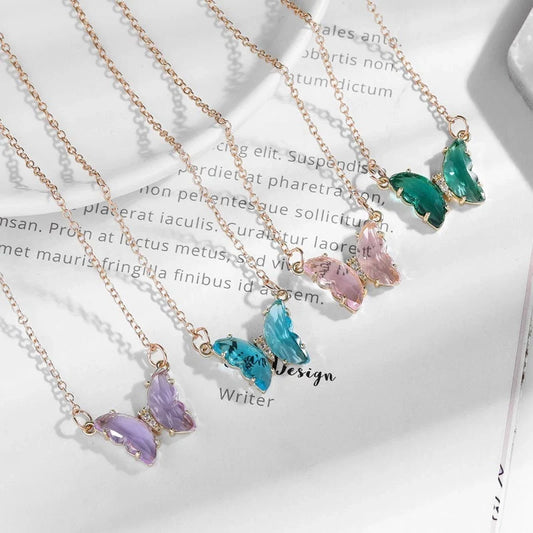 Glass Crystal Butterfly Necklace with adjustable water wave chain in blue, purple, light blue, and pink