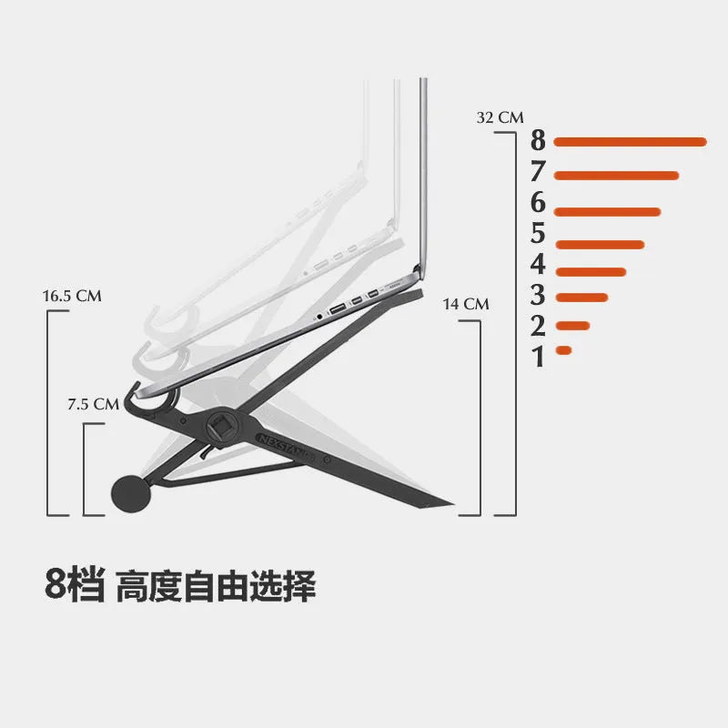 Black foldable portable laptop stand with enhanced nylon construction shown with travel case