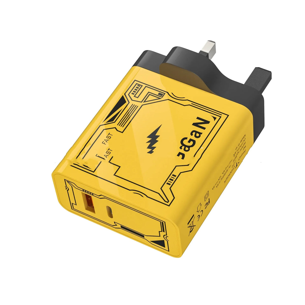Yellow 25W fast charging plug Machine Crustacean with QC3.0 and PD25W support for American and European sockets