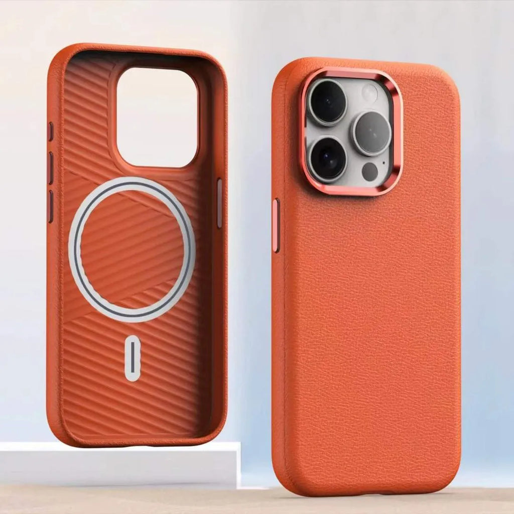 Plain leather magnetic phone case for iPhone, black, with magnetic charging support