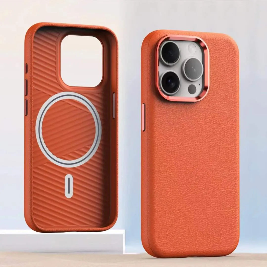 Plain leather magnetic phone case for iPhone, black, with magnetic charging support
