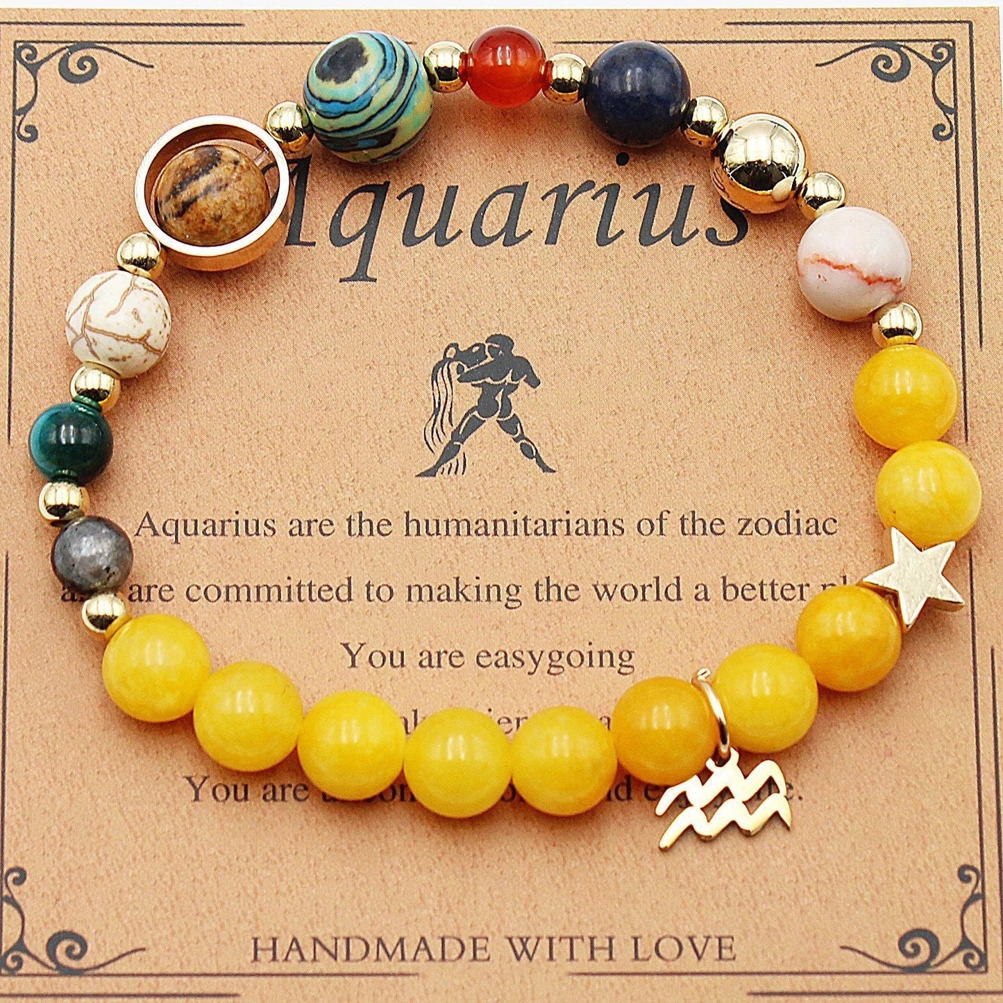 Morgan Stone beaded bracelet with twelve constellation designs, showcasing personalised zodiac signs.