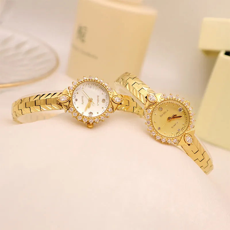 Women's vintage quartz bracelet watch with gold surface showing 6mm thickness and diamond embossed detail
