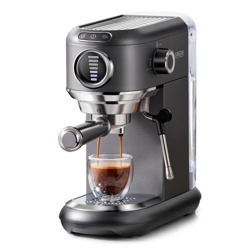 Espresso coffee machine in dark gray with steam wand and control panel on kitchen counter