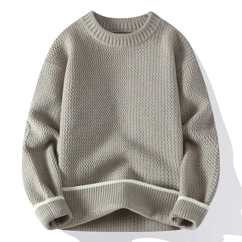 Men's loose fit chemical fibre blend sweater in grey colour with round neck and long sleeves