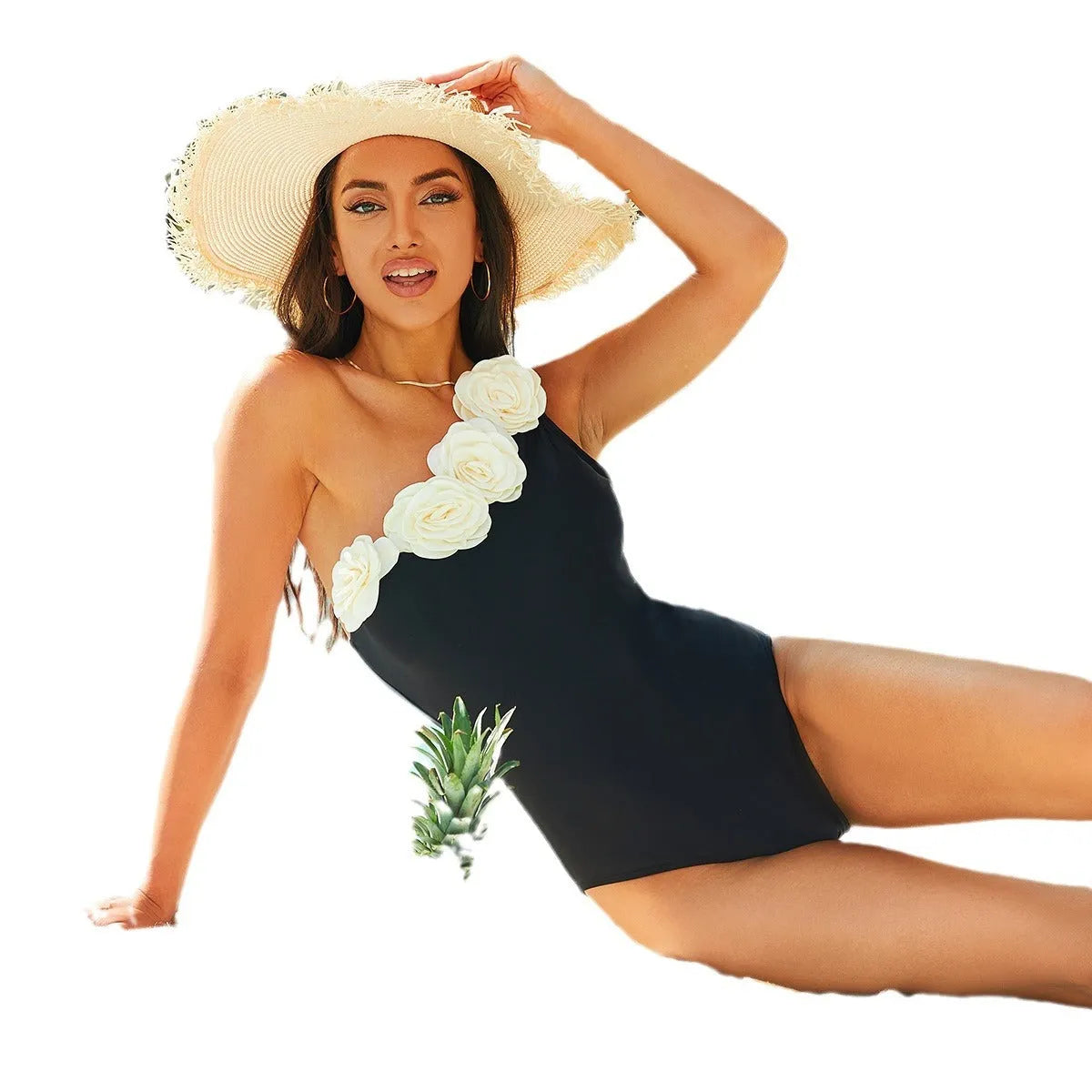 Solid black women's one-piece swimsuit on a white background.