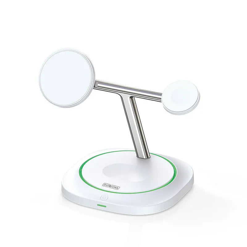 White three-in-one 15W magnetic suction wireless charger for phone earphone and watch on desk