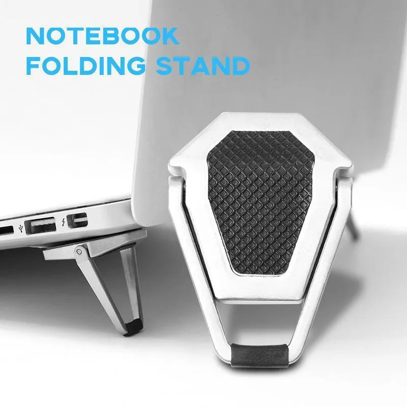 Foldable aluminium computer bracket shown in silver next to 3M adhesive strips for mounting